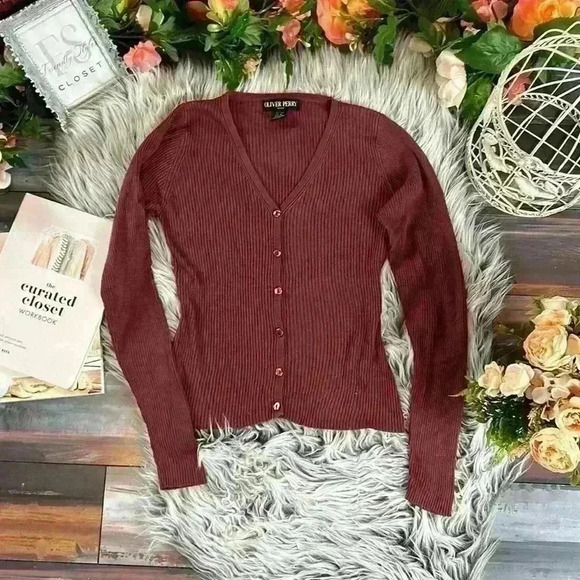 Oliver Perry 100% Silk Rustic Sun Red Ribbed Button Down Cardigan Shirt, PS - Picture 5 of 11